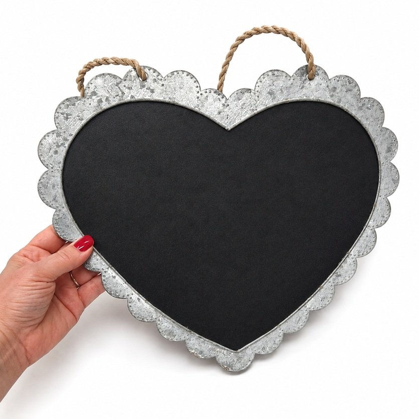 Gray-Zinc Scallop Edge Chalkboard Heart With Rope Hanger